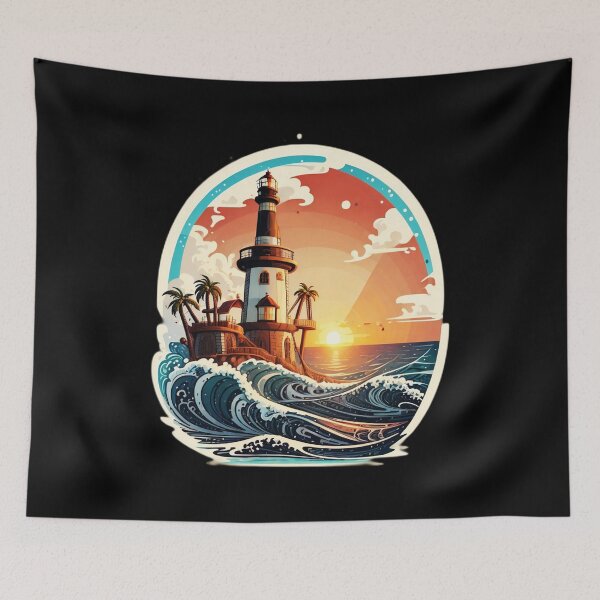 Item preview, Retro Lighthouse at Sunset with Ocean Waves designed and sold by NautiChic.