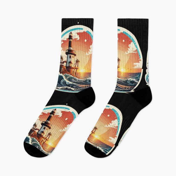 Item preview, Retro Lighthouse at Sunset with Ocean Waves designed and sold by NautiChic.
