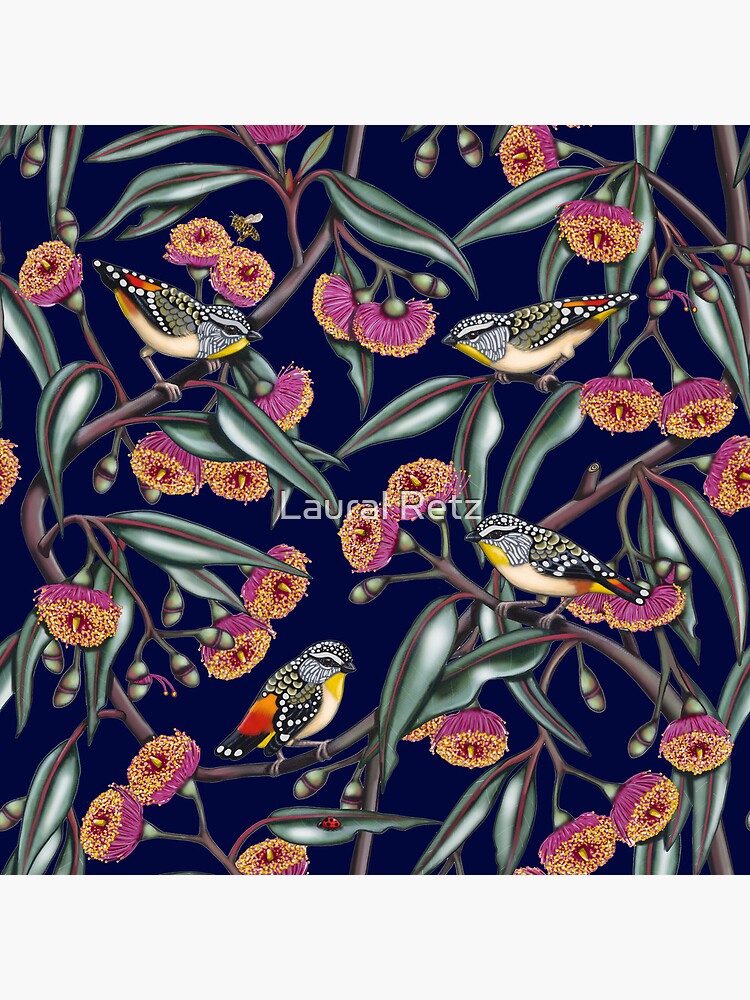 Thumbnail 4 of 4, Pillow, Pardalotes in Gum Flowers Repeated Pattern by Australian artist Laural Retz designed and sold by lauralretz.