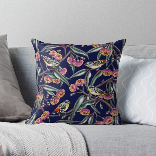 Pardalotes in Gum Flowers Repeated Pattern by Australian artist Laural Retz Throw Pillow