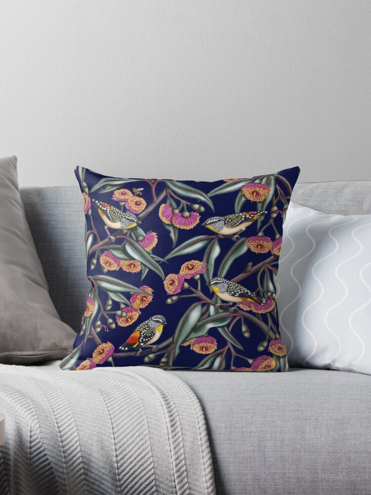 Thumbnail 1 of 4, Pillow, Pardalotes in Gum Flowers Repeated Pattern by Australian artist Laural Retz designed and sold by lauralretz.
