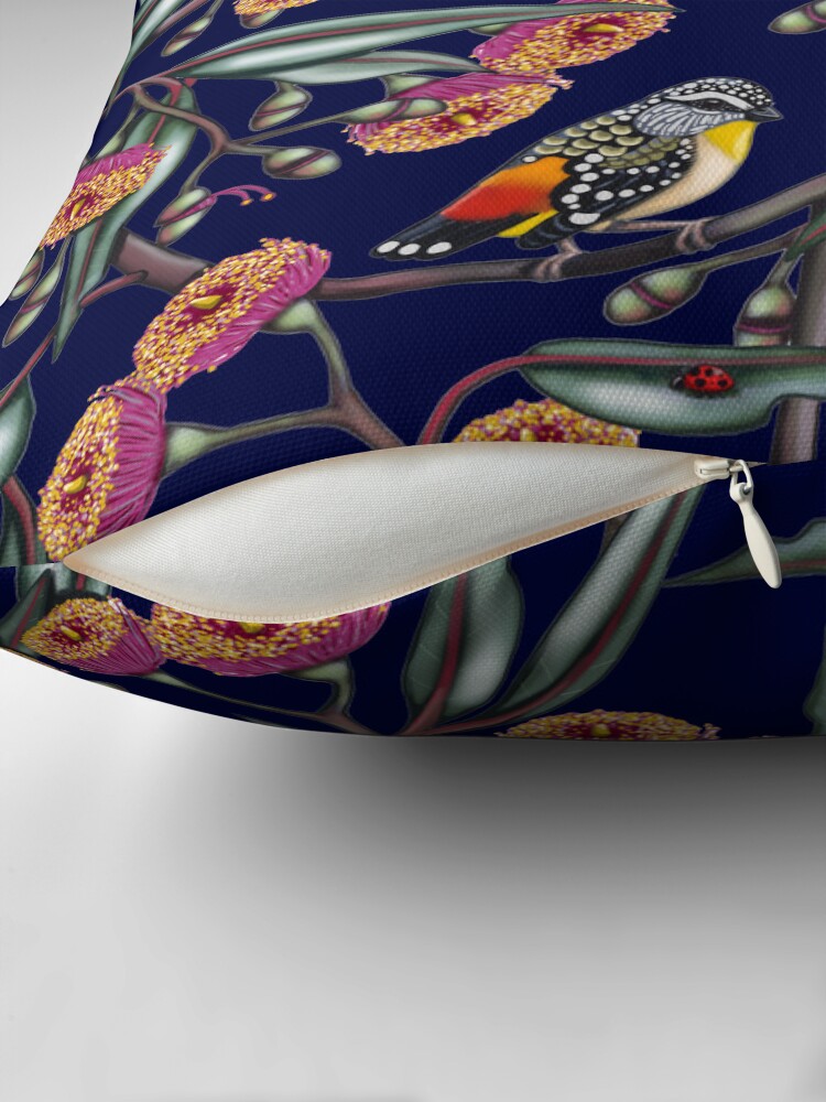 Thumbnail 2 of 4, Pillow, Pardalotes in Gum Flowers Repeated Pattern by Australian artist Laural Retz designed and sold by lauralretz.