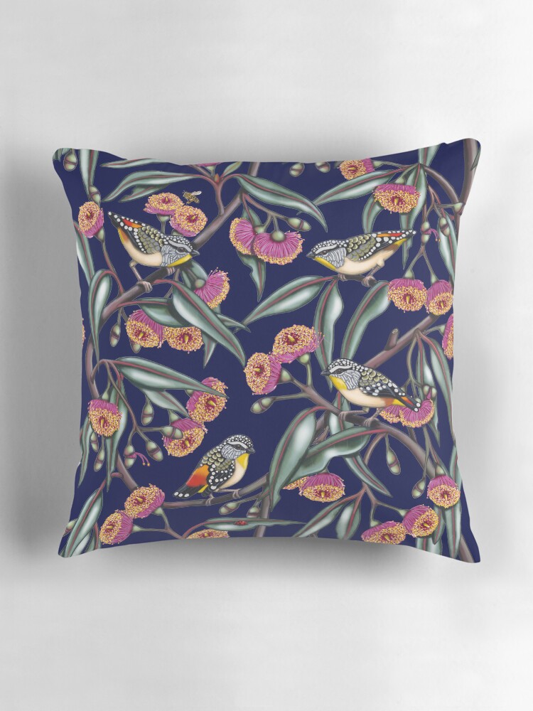 Thumbnail 3 of 4, Pillow, Pardalotes in Gum Flowers Repeated Pattern by Australian artist Laural Retz designed and sold by lauralretz.
