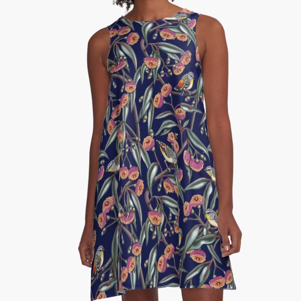 Pardalotes in Gum Flowers Repeated Pattern by Australian artist Laural Retz A-Line Dress