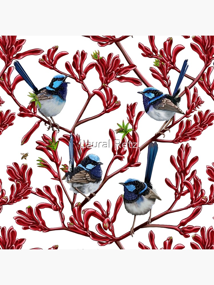 Thumbnail 4 of 4, Pillow, Blue Wrens in Kangaroo Paw Flowers Repeated Pattern by Australian artist Laural Retz designed and sold by lauralretz.
