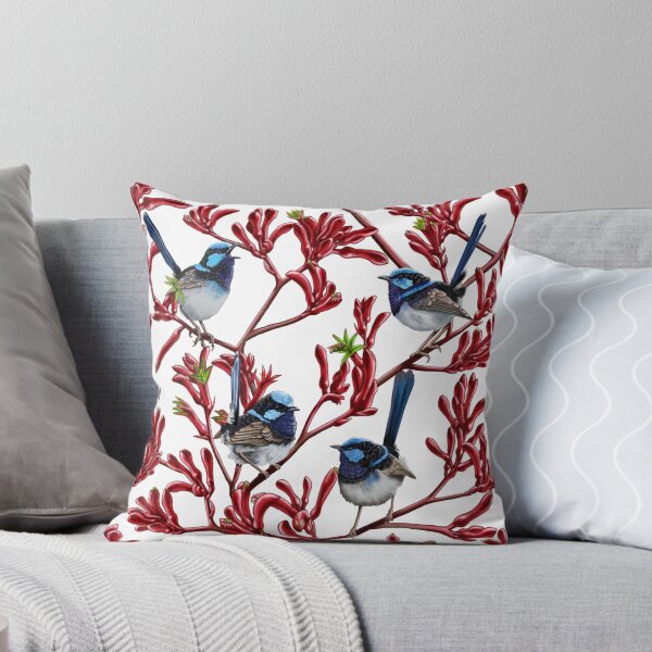Blue Wrens in Kangaroo Paw Flowers Repeated Pattern by Australian artist Laural Retz Throw Pillow
