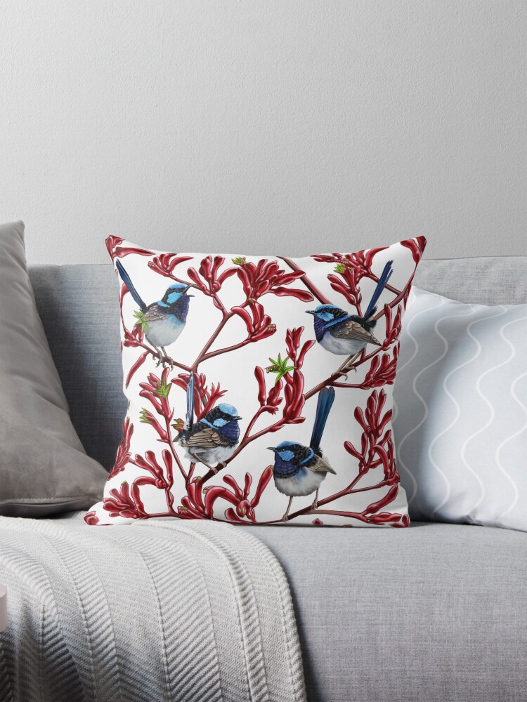 Thumbnail 1 of 4, Pillow, Blue Wrens in Kangaroo Paw Flowers Repeated Pattern by Australian artist Laural Retz designed and sold by lauralretz.