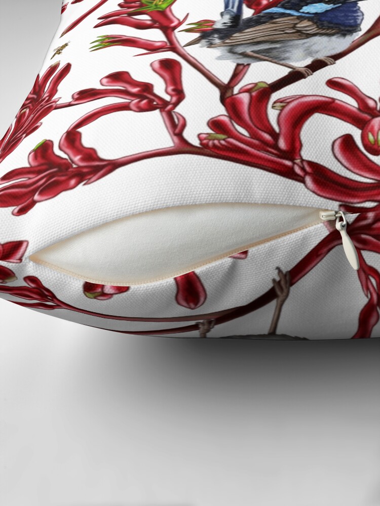 Thumbnail 2 of 4, Pillow, Blue Wrens in Kangaroo Paw Flowers Repeated Pattern by Australian artist Laural Retz designed and sold by lauralretz.