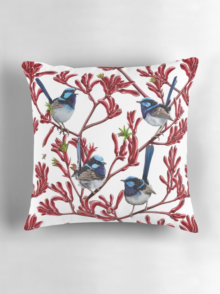 Thumbnail 3 of 4, Pillow, Blue Wrens in Kangaroo Paw Flowers Repeated Pattern by Australian artist Laural Retz designed and sold by lauralretz.