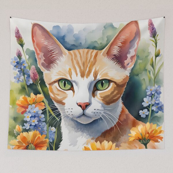 Item preview, Watercolor picture of a Devon Rex Cat with Wildflowers designed and sold by Petalandfur.
