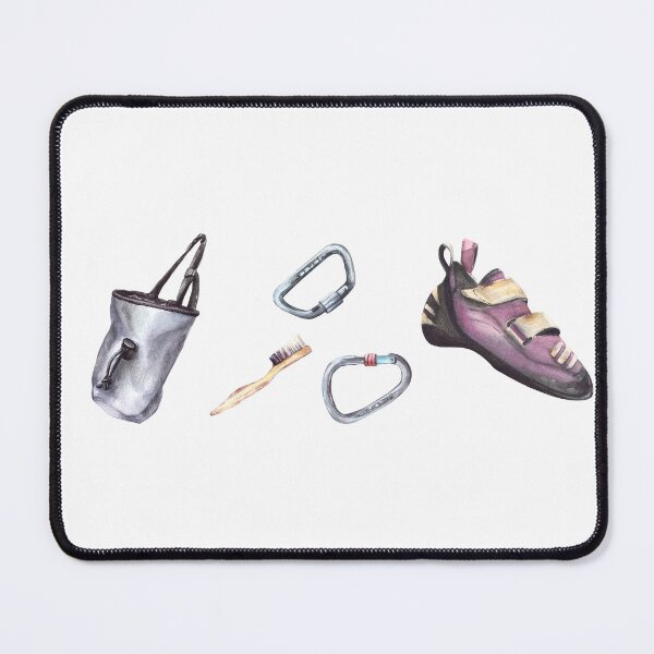 Item preview, Grey chalk bag with carabiner for rock climbing, bouldering shoe and brush. Watercolor illustration designed and sold by BartolArt.