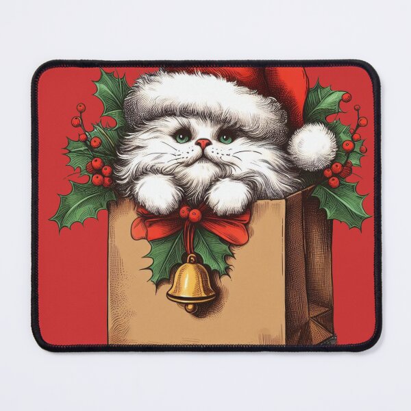 Item preview, Cute White Fluffy Cat inside a Paper Bag Christmas Cat with Mistletoe Merry Christmas! Feline Christmas for Cat Lovers designed and sold by FestivePalette.