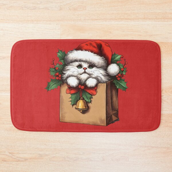 Item preview, Cute White Fluffy Cat inside a Paper Bag Christmas Cat with Mistletoe Merry Christmas! Feline Christmas for Cat Lovers designed and sold by FestivePalette.