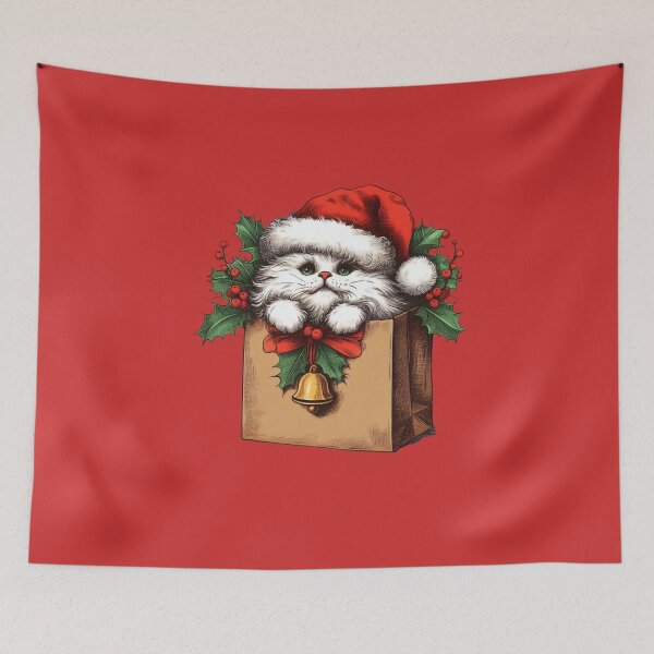 Item preview, Cute White Fluffy Cat inside a Paper Bag Christmas Cat with Mistletoe Merry Christmas! Feline Christmas for Cat Lovers designed and sold by FestivePalette.