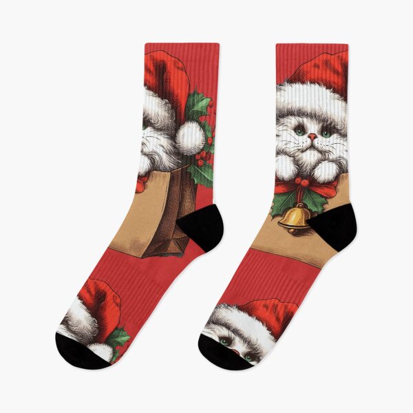 Item preview, Cute White Fluffy Cat inside a Paper Bag Christmas Cat with Mistletoe Merry Christmas! Feline Christmas for Cat Lovers designed and sold by FestivePalette.