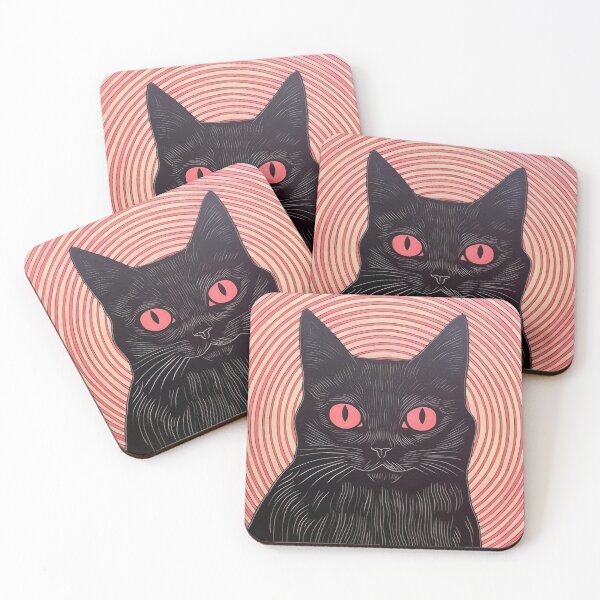 Item preview, Funny black cat with red eyes - drawing in pink designed and sold by WallGemsArt.