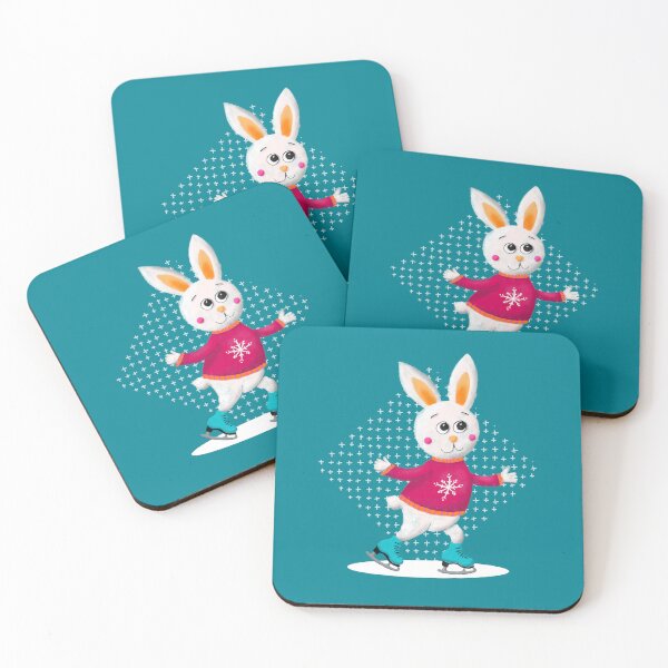 Item preview, White bunnies on ice skates on teal | seamless repeat pattern designed and sold by colorofmagic.