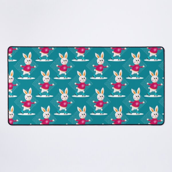 Item preview, White bunnies on ice skates on teal | seamless repeat pattern designed and sold by colorofmagic.