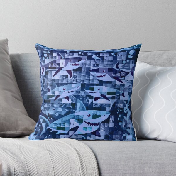 Abstract sharks in blue water Throw Pillow