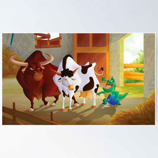 Cows and crocodile, children illustration Poster