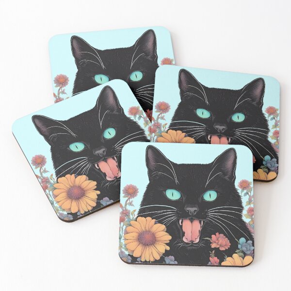 Item preview, Retro black Cat mouth open with flowers designed and sold by Catophile.