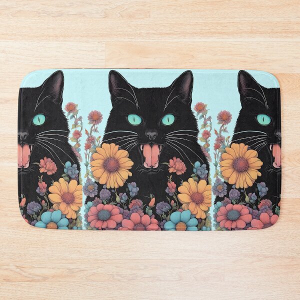 Item preview, Retro black Cat mouth open with flowers designed and sold by Catophile.