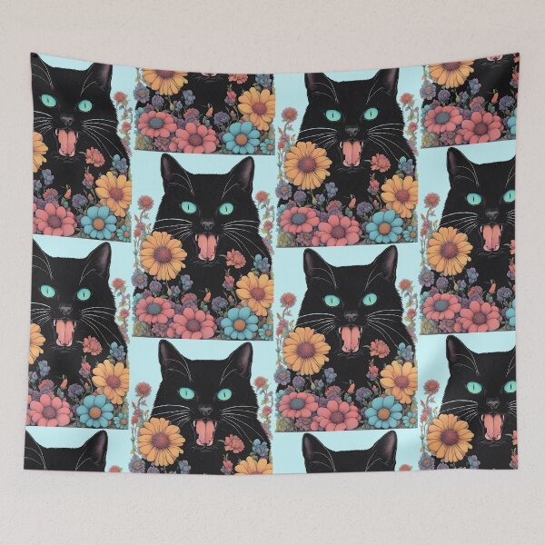 Item preview, Retro black Cat mouth open with flowers designed and sold by Catophile.