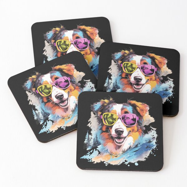 Aperçu de l'œuvre Chien de berger australien avec des lunettes de soleil colorées, dans les montagnes, effet aquarelle créée et vendue par NBSStore.