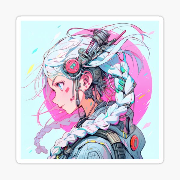 Colorful Braid Cyberpunk Anime Girl | Sticker