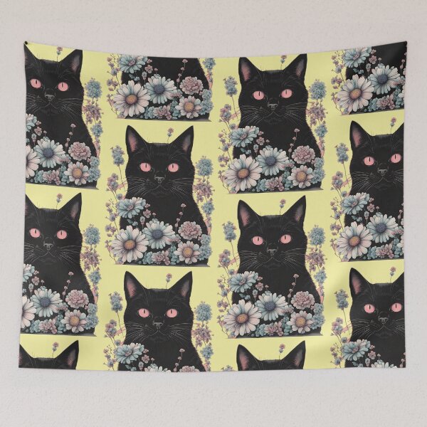 Item preview, Retro black Cat with Flowers designed and sold by Catophile.