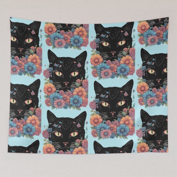 Item preview, Retro black Cat with Flowers designed and sold by Catophile.