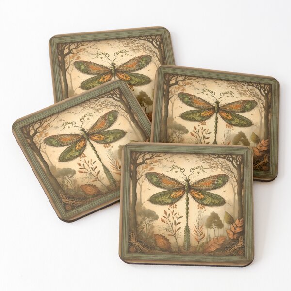 Item preview, Vintage Style Autumn Dragonfly Art in Rust Orange, Olive Green, and Sepia with Lace and Fall Leaves designed and sold by coreexpressions.