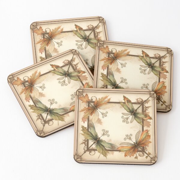 Item preview, Vintage Style Autumn Dragonfly Art in Rust Orange, Olive Green, and Sepia with Lace and Fall Leaves designed and sold by coreexpressions.