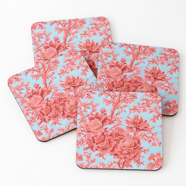 Item preview, Coral flowers on sky blue toile designed and sold by SophieClimaArt.