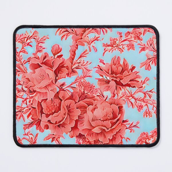Item preview, Coral flowers on sky blue toile designed and sold by SophieClimaArt.