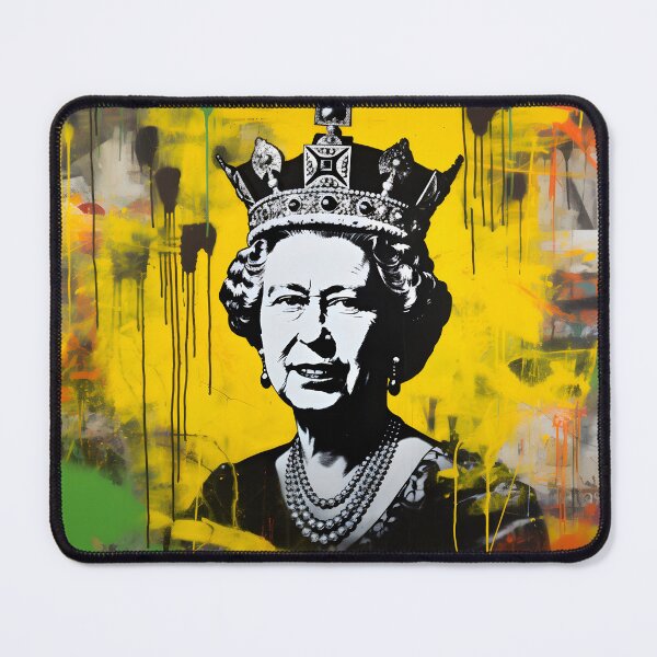 Artikelvorschau, Königliche Erzählungen: Königin Elizabeth II. in monochromen Graffiti-Diptychen, KI-generiert entworfen und verkauft von OlfactoART Studio.