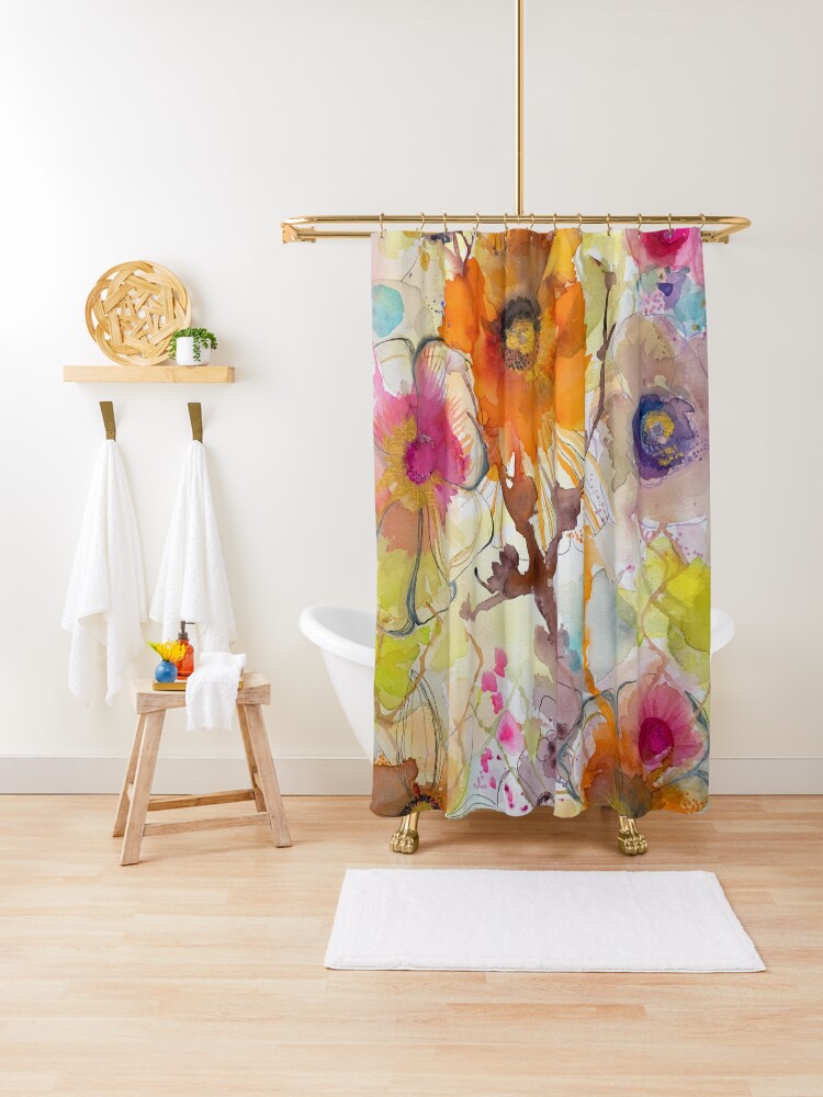 Thumbnail 1 of 5, Shower Curtain, Abstract watercolour with orange designed and sold by BirgitteB.