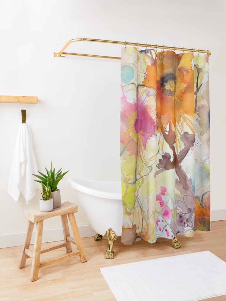 Thumbnail 3 of 5, Shower Curtain, Abstract watercolour with orange designed and sold by BirgitteB.