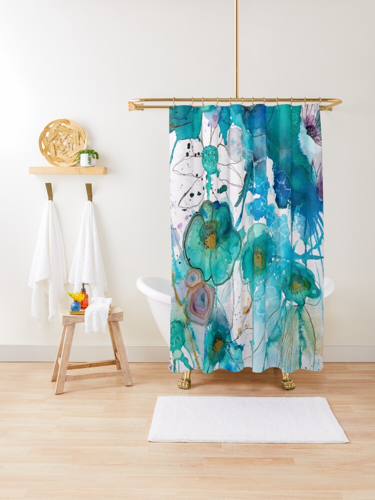 Thumbnail 1 of 5, Shower Curtain, Abstract watercolour in blue designed and sold by BirgitteB.