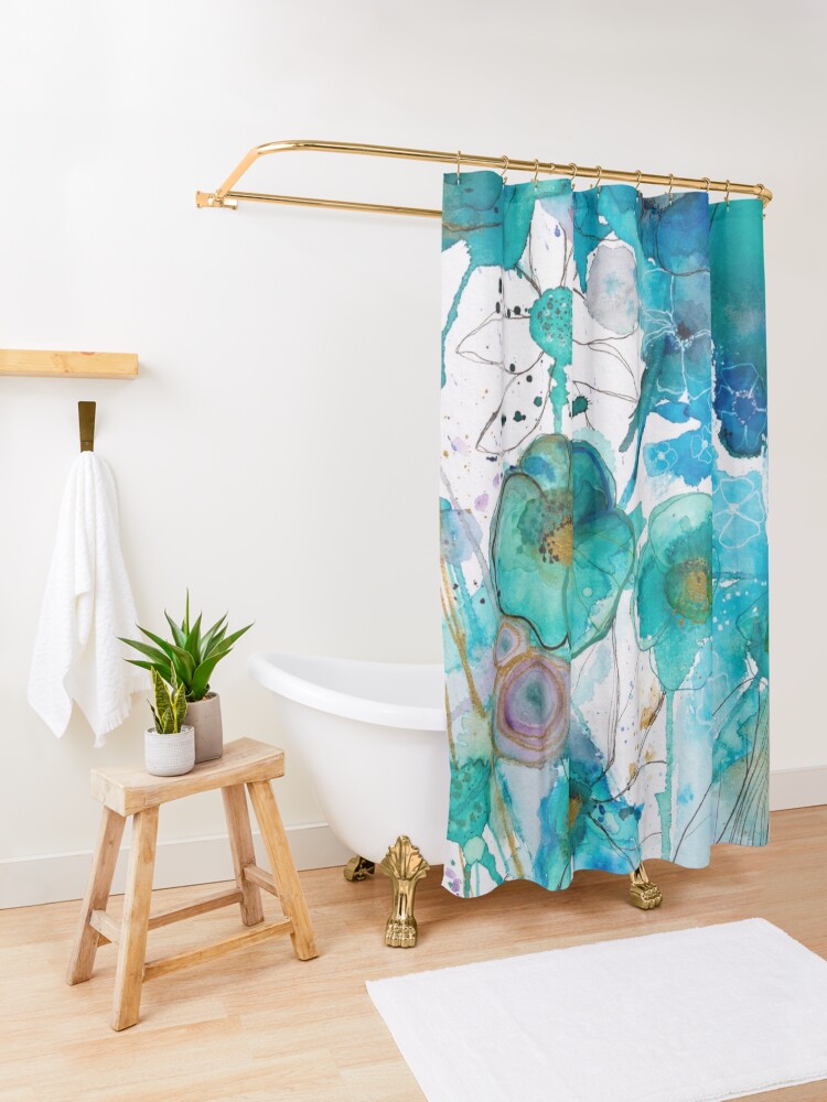 Thumbnail 3 of 5, Shower Curtain, Abstract watercolour in blue designed and sold by BirgitteB.