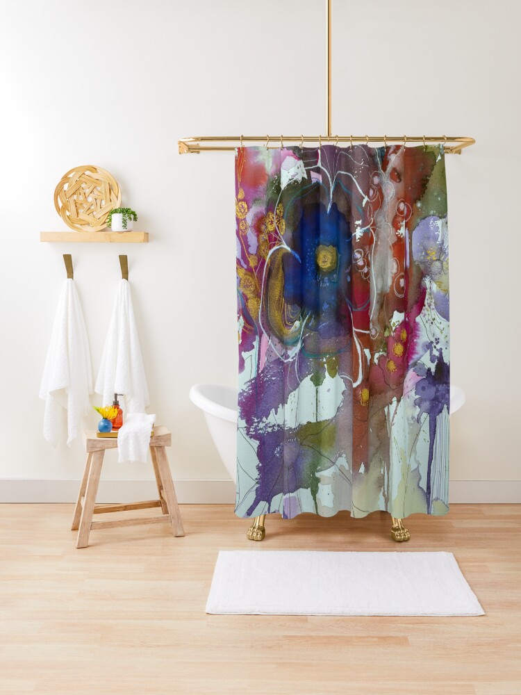 Thumbnail 1 of 5, Shower Curtain, Abstract watercolour with blue flower designed and sold by BirgitteB.