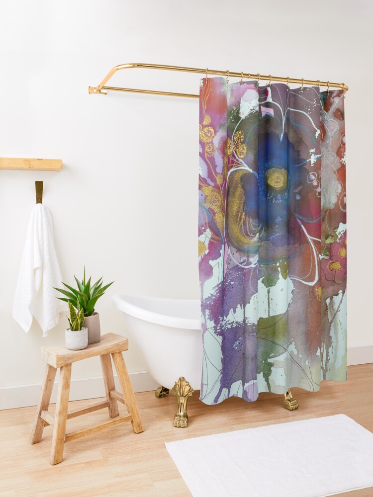 Thumbnail 3 of 5, Shower Curtain, Abstract watercolour with blue flower designed and sold by BirgitteB.