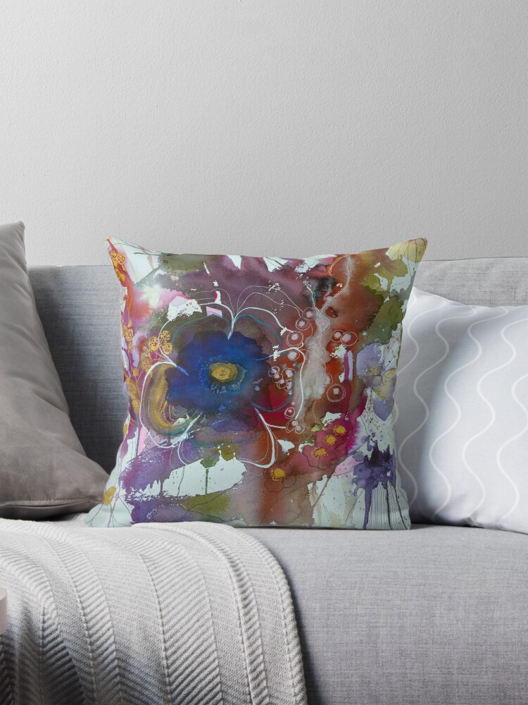 Thumbnail 1 of 4, Pillow, Abstract watercolour with blue flower designed and sold by BirgitteB.
