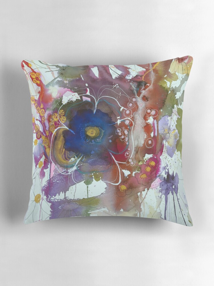 Thumbnail 3 of 4, Pillow, Abstract watercolour with blue flower designed and sold by BirgitteB.