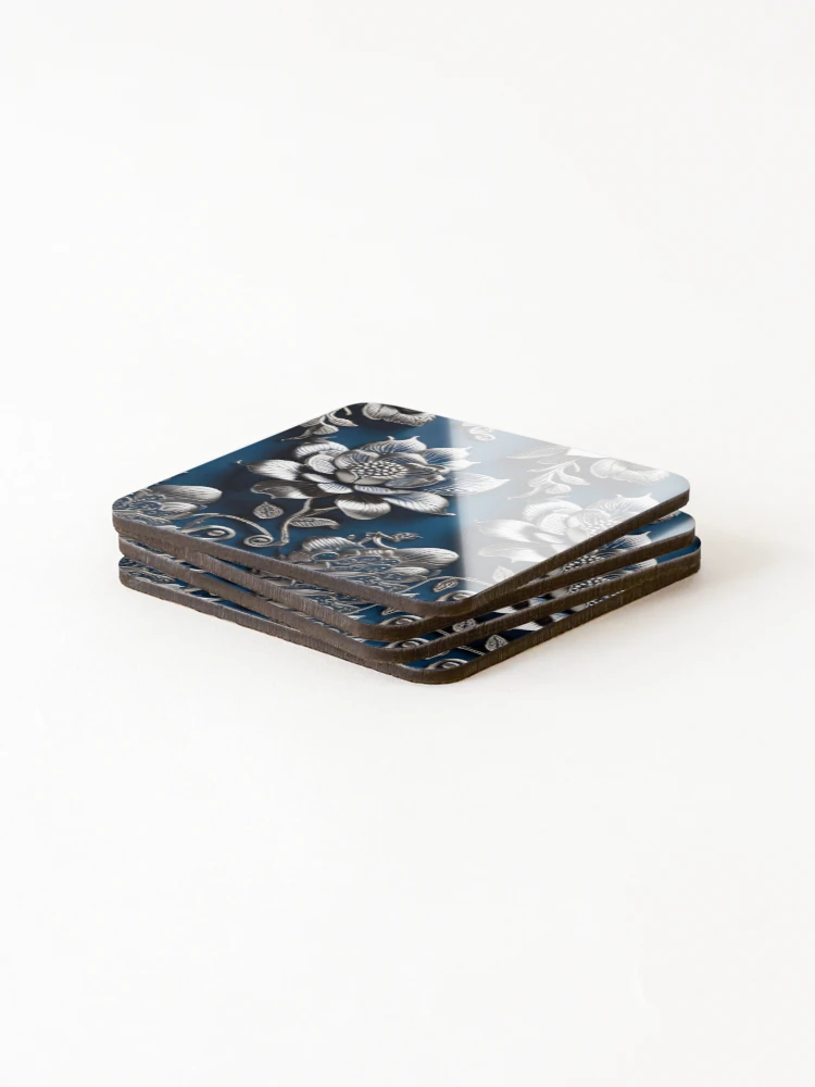 Thumbnail 4 of 5, Coasters (Set of 4), Silver Roses Flower Pattern designed and sold by ShePrompts.