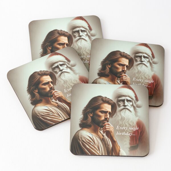 Item preview, Every Single Year - Jesus contemplates Santa and Christmas - Birthday Card for people born on Christmas designed and sold by OddCorro.