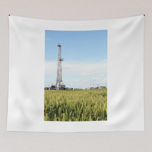 Item preview, oil drilling rig on green wheat field designed and sold by goceris.