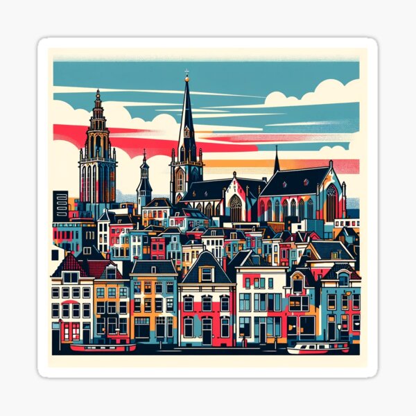 Item preview, A street art style depiction of the skyline of Leiden, Netherlands. The image should convey the city's skyline in a print-like, graffiti-inspired style designed and sold by Vespear.