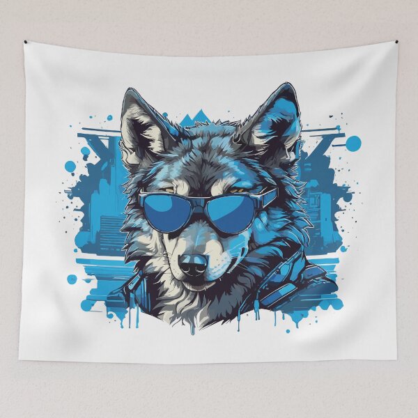 Item preview, Monochrome blue portrait of the wolf wearing sunglasses designed and sold by twisted-dot.