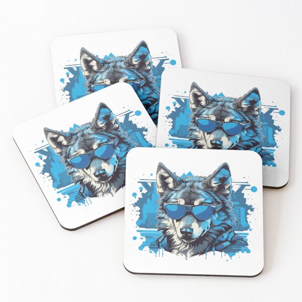 Item preview, Monochrome blue portrait of the wolf wearing sunglasses designed and sold by twisted-dot.